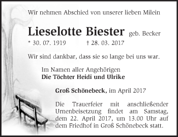 Traueranzeige von Lieselotte Biester von Märkische Oderzeitung