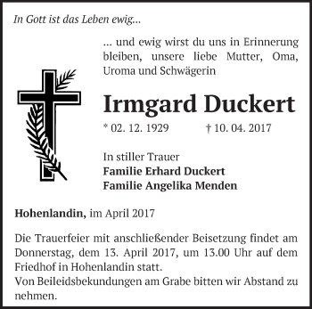 Traueranzeige von Irmgard Duckert von Märkische Oderzeitung