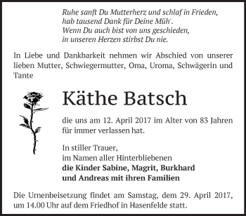 Traueranzeige von Käthe Batsch von Märkische Oderzeitung