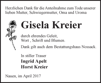 Traueranzeige von Gisela Kreier von Märkische Oderzeitung