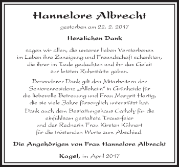 Traueranzeige von Hannelore Albrecht von Märkische Oderzeitung