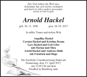 Traueranzeige von Arnold Hackel von Märkische Oderzeitung