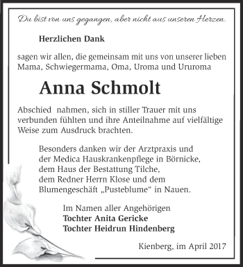 Traueranzeige von Anna Schmolt von Märkische Oderzeitung