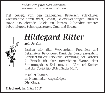 Traueranzeige von Hildegard Ritter von Märkische Oderzeitung