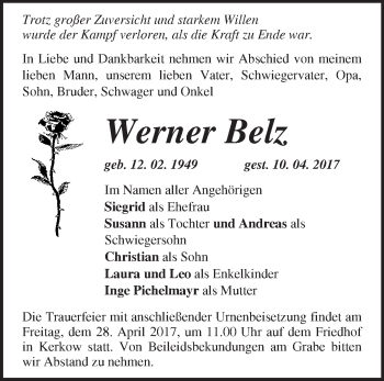 Traueranzeige von Werner Belz von Märkische Oderzeitung