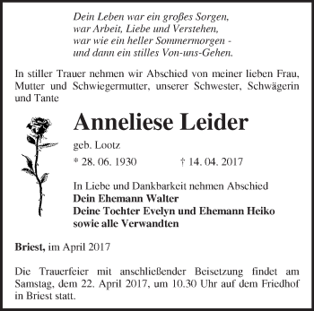 Traueranzeige von Anneliese Leider von Märkische Oderzeitung