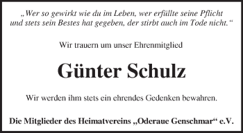 Traueranzeige von Günter Schulz von Märkische Oderzeitung