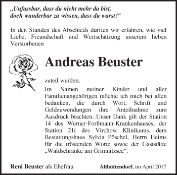 Traueranzeige von Andreas Beuster von Märkische Oderzeitung