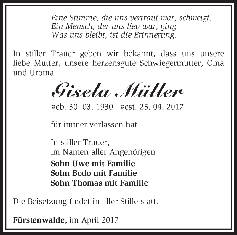  Traueranzeige für Gisela Müller vom 29.04.2017 aus Märkische Oderzeitung
