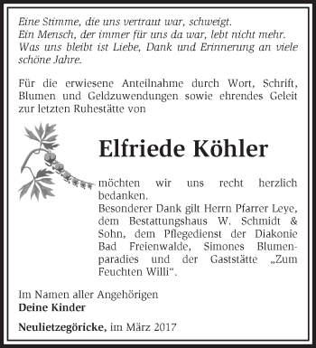 Traueranzeige von Elfriede Köhler von Märkische Oderzeitung