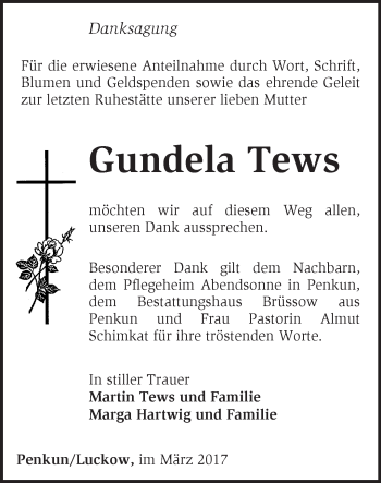 Traueranzeige von Gundela Tews von Märkische Oderzeitung