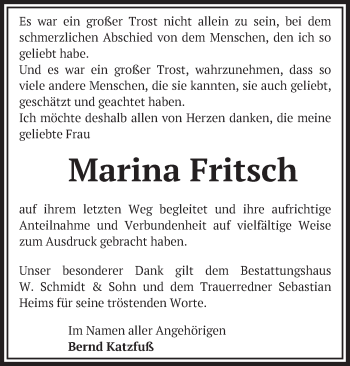 Traueranzeige von Marina Fritsch von Märkische Oderzeitung