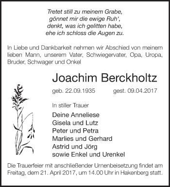 Traueranzeige von Joachim Berckholtz von Märkische Oderzeitung