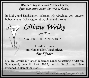 Traueranzeige von Liliane Welke von Märkische Oderzeitung