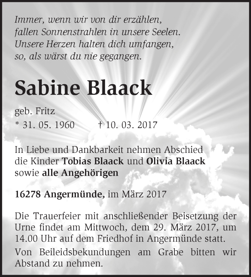  Traueranzeige für Sabine Blaack vom 22.03.2017 aus Märkische Oderzeitung