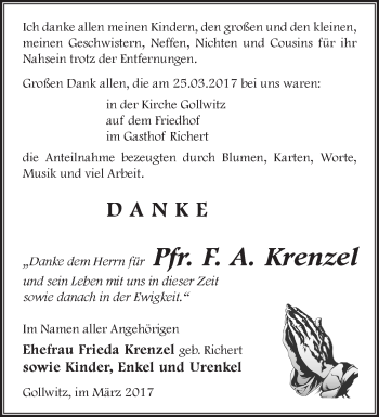 Traueranzeige von F. A. Krenzel von Märkische Oderzeitung