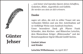 Traueranzeige von Günter Jehser von Märkische Oderzeitung