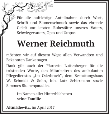 Traueranzeige von Werner Reichmuth von Märkische Oderzeitung