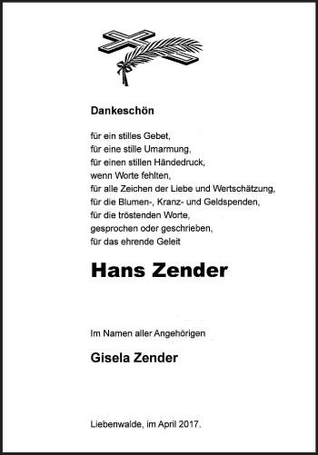 Traueranzeige von Hans Zender von Märkische Oderzeitung