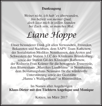 Traueranzeige von Liane Hoppe von Märkische Oderzeitung