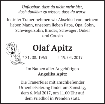 Traueranzeige von Olaf Apitz von Märkische Oderzeitung