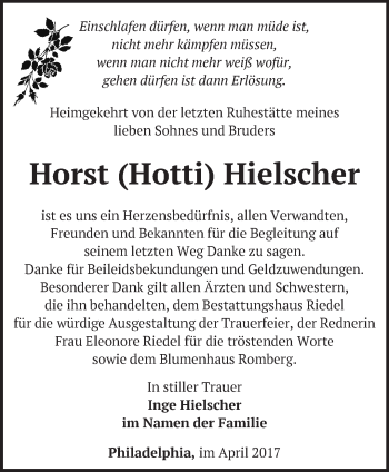 Traueranzeige von Horst Hielscher von Märkische Oderzeitung