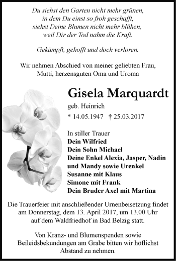 Traueranzeige von Gisela Marquardt von Märkische Oderzeitung