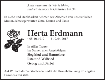 Traueranzeige von Herta Erdmann von Märkische Oderzeitung