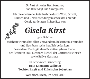 Traueranzeige von Gisela Kirst von Märkische Oderzeitung