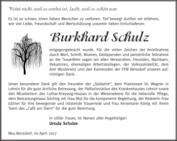 Traueranzeige von Burkhard Schulz von Märkische Oderzeitung