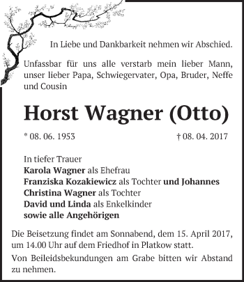 Traueranzeige von Horst Wagner von Märkische Oderzeitung