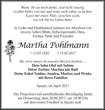 Traueranzeige von Martha Pohlmann von Märkische Oderzeitung