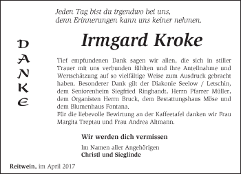 Traueranzeige von Irmgard Kroke von Märkische Oderzeitung