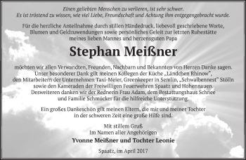 Traueranzeige von Stephan Meißner von Märkische Oderzeitung