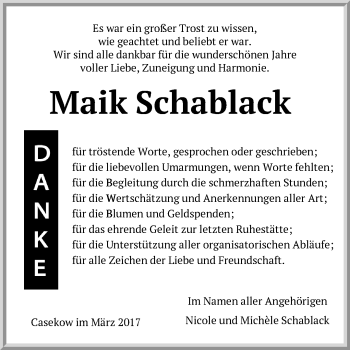 Traueranzeige von Maik Schablack von Märkische Oderzeitung