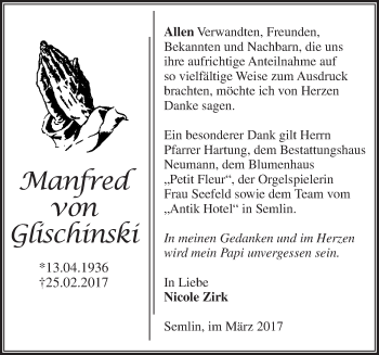 Traueranzeige von Manfred von Glischinski von Märkische Oderzeitung