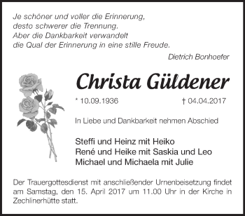 Traueranzeige von Christa Güldener von Märkische Oderzeitung