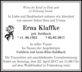 Traueranzeige von Erna Klaffke von Märkische Oderzeitung