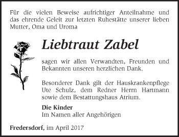 Traueranzeige von Liebtraut Zabel von Märkische Oderzeitung