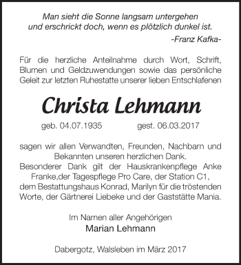 Traueranzeige von Christa Lehmann von Märkische Oderzeitung