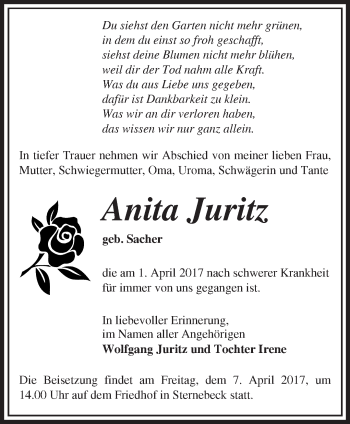 Traueranzeige von Anita Juritz von Märkische Oderzeitung