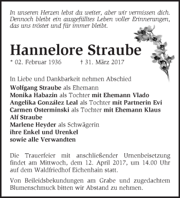 Traueranzeige von Hannelore Straube von Märkische Oderzeitung