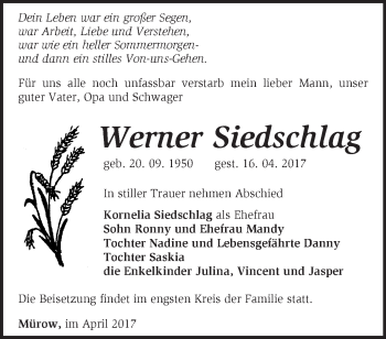 Traueranzeige von Werner Siedschlag von Märkische Oderzeitung