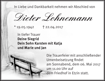 Traueranzeige von Dieter Lohnemann von Märkische Oderzeitung