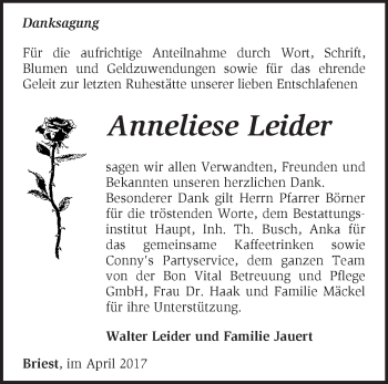 Traueranzeige von Anneliese Leider von Märkische Oderzeitung