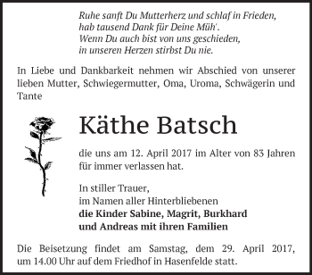 Traueranzeige von Käthe Batsch von Märkische Oderzeitung