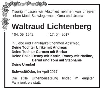 Traueranzeige von Waltraud Lichtenberg von Märkische Oderzeitung