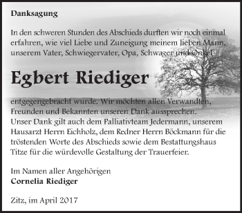 Traueranzeige von Egbert Riediger von Märkische Oderzeitung