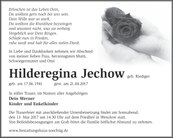 Traueranzeige von Hilderegina Jechow von Märkische Oderzeitung