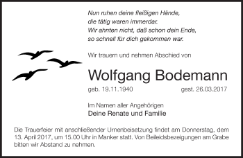 Traueranzeige von Wolfgang Bodemann von Märkische Oderzeitung